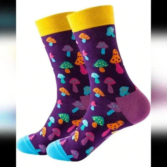 Fun psychedelic mushroom blue and purple crew socks for men unisex funny shoes f - Picture 1 of 3